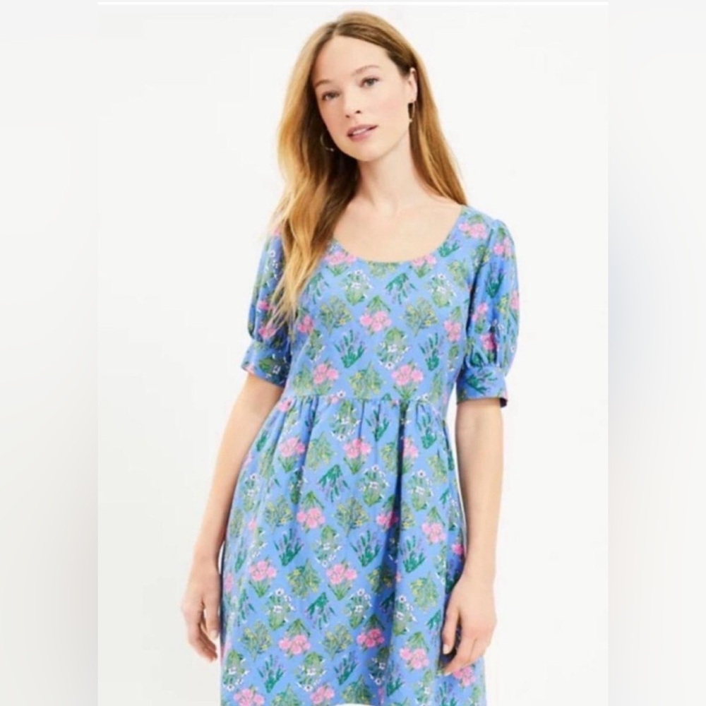 LOFT Blue Floral Puff-Sleeve Dress with Pink & Green Accents